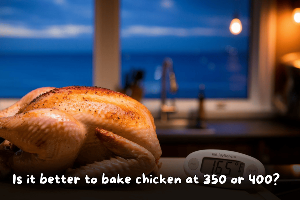 A perfectly roasted whole chicken with golden skin resting on a countertop, next to a digital thermometer reading 165°F.