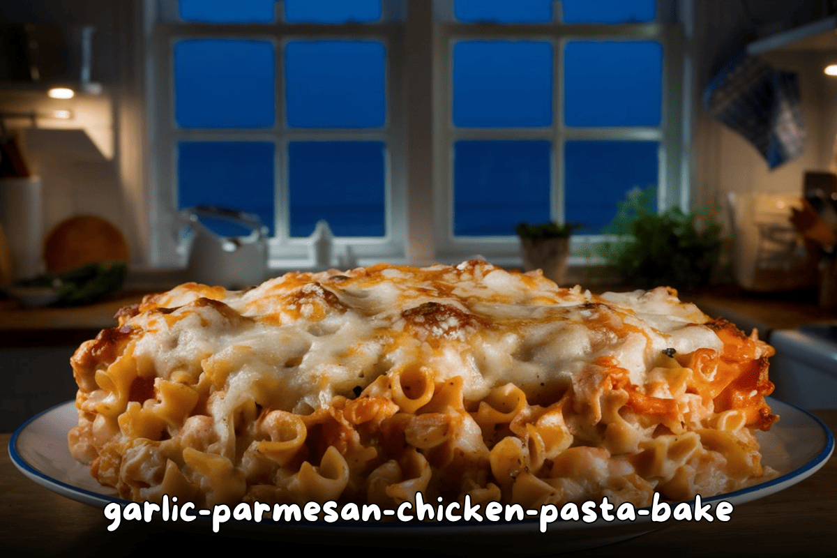 Delicious Garlic Parmesan Chicken Pasta Bake fresh out of the oven with golden melted cheese, set on a dinner table.