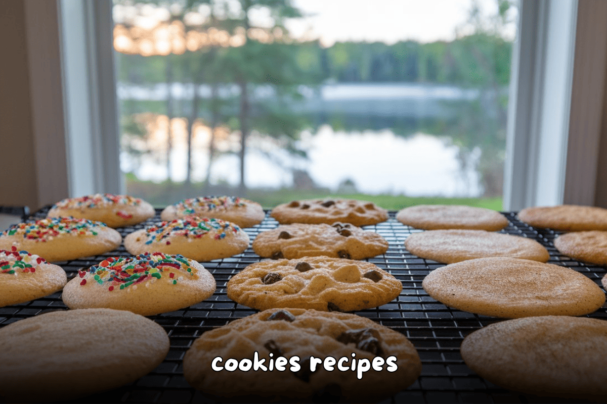 An assortment of freshly baked cookies cooling on a wire rack, with a scenic lake and tree view in the background.