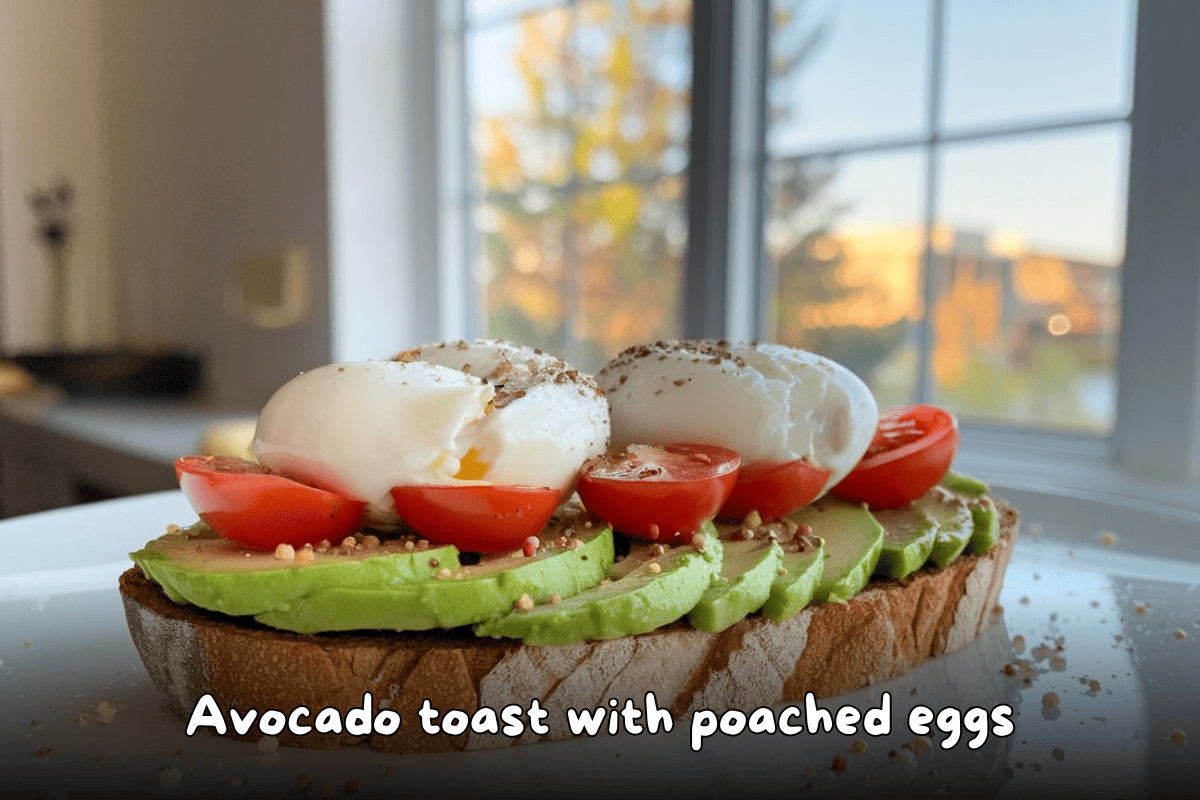 Avocado toast topped with poached eggs, sliced tomatoes, and sprinkled seasoning.