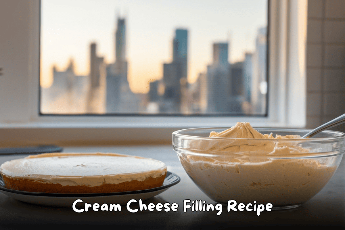 Bowl of cream cheese filling next to a cheesecake with a city skyline in the background.