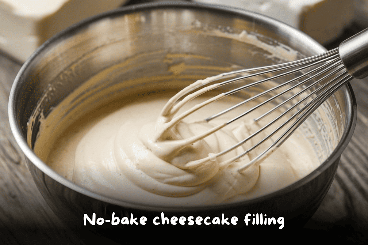 A bowl of creamy no-bake cheesecake filling with a whisk, ready to be used in a dessert.