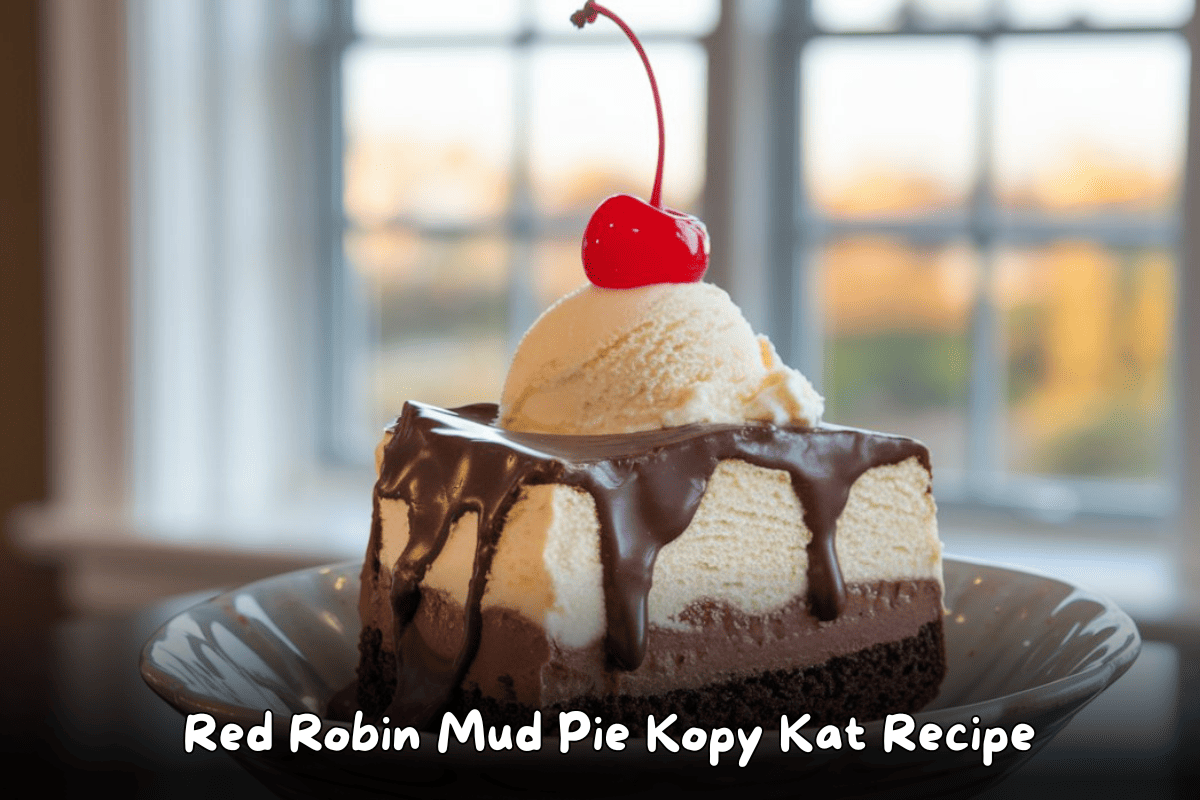 A slice of Red Robin Mud Pie topped with vanilla ice cream, chocolate fudge, and a cherry on top.