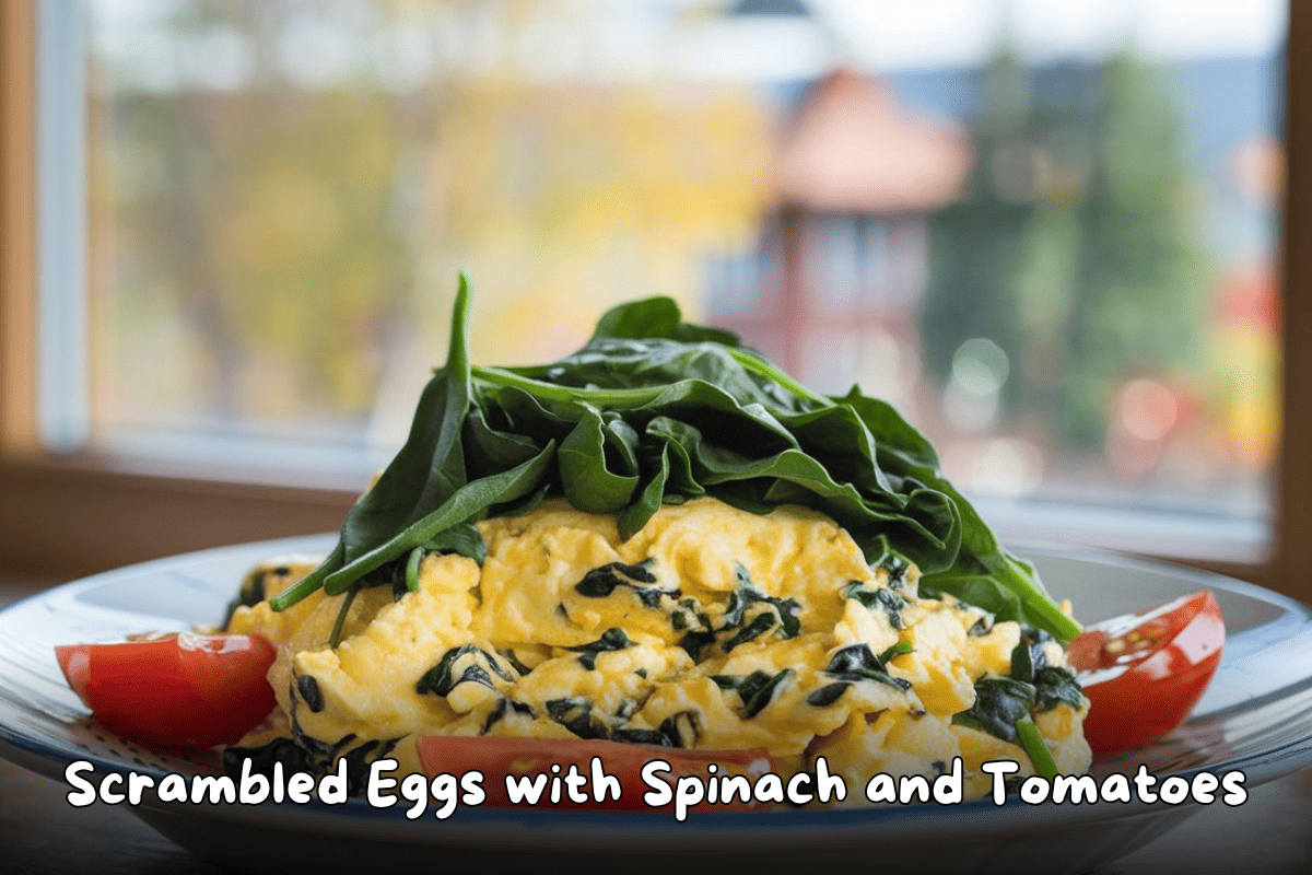 Scrambled eggs with spinach and tomato slices on a plate, served near a bright window with a view of trees in the background.