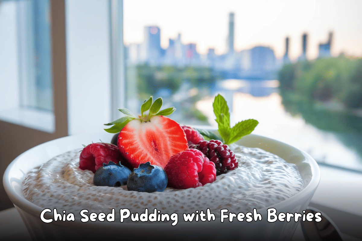 A bowl of chia seed pudding topped with fresh strawberries, blueberries, and raspberries, with a cityscape in the background.