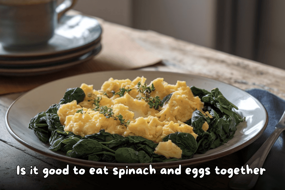 Scrambled eggs served with sautéed spinach on a plate, garnished with herbs, placed on a rustic wooden table.