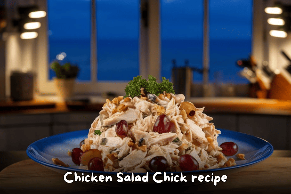 A plate of Chicken Salad Chick recipe with grapes and walnuts, served on a blue plate, in a cozy kitchen setting.