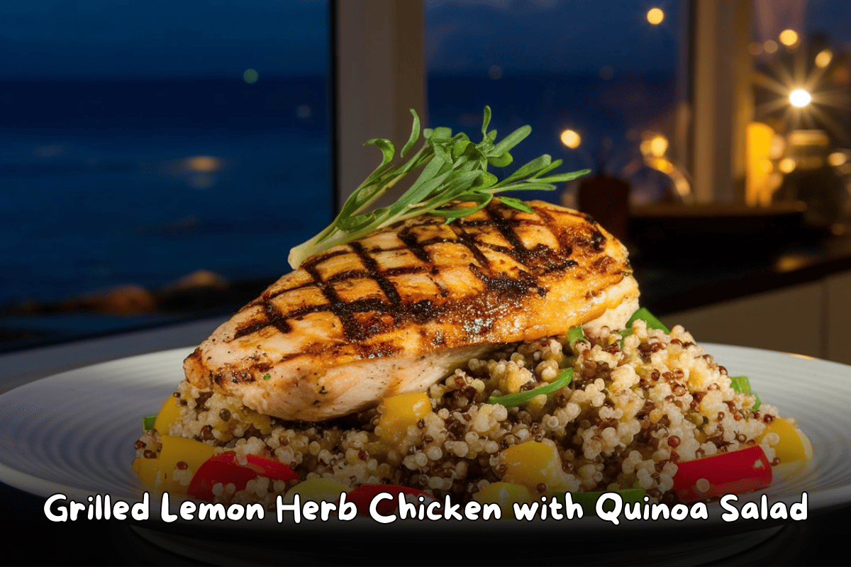 Grilled Lemon Herb Chicken served on a bed of quinoa salad with vegetables