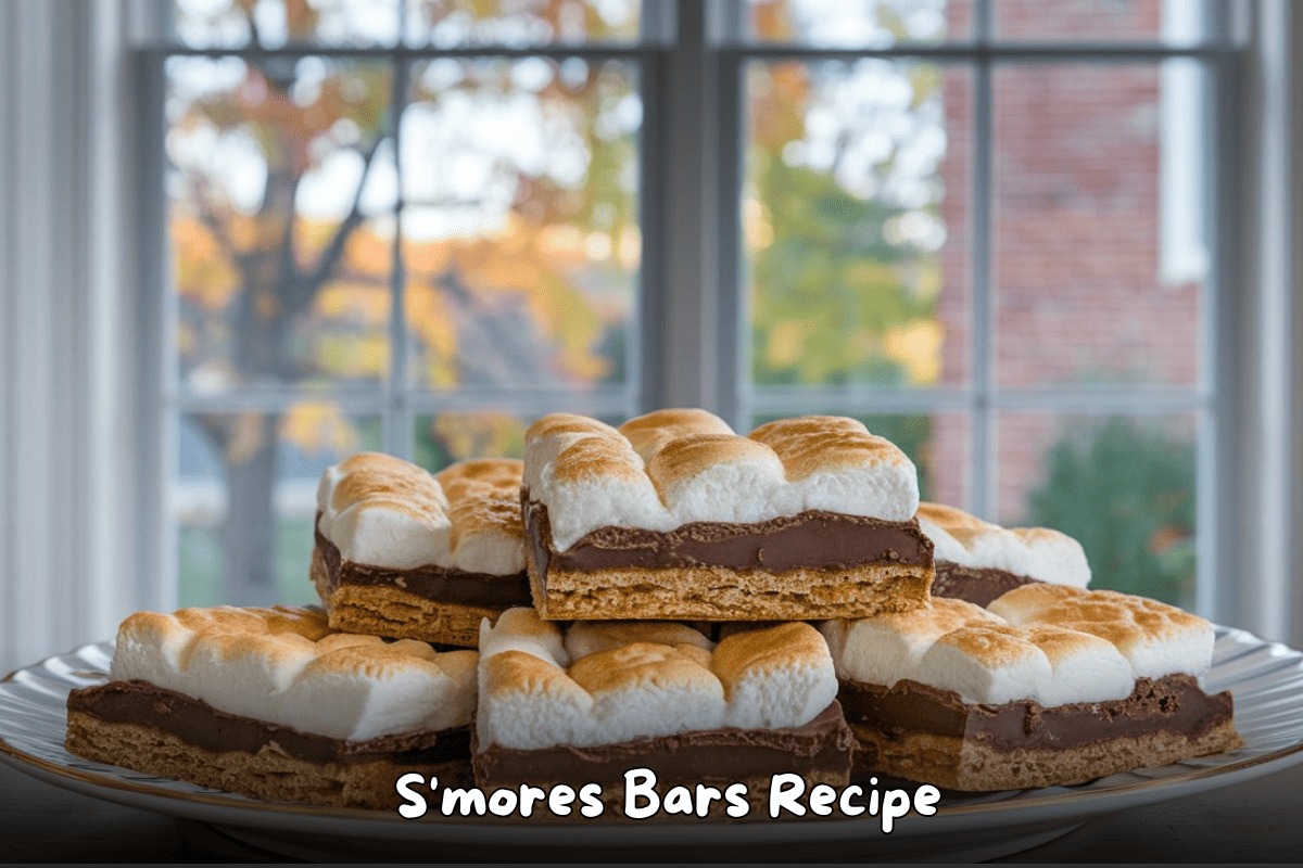 Close-up of gooey S'mores Bars with toasted marshmallows, chocolate, and graham cracker crust on a plate.