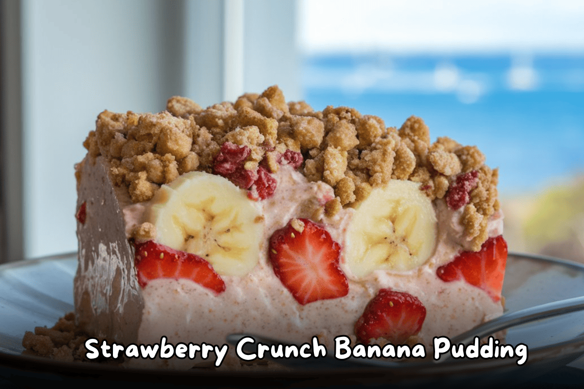 A slice of strawberry crunch banana pudding with layers of fresh strawberries, bananas, creamy pudding, and a crunchy topping, set against a scenic ocean view.