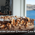 Slice of German Chocolate Cake topped with pecans and powdered sugar near an ocean view