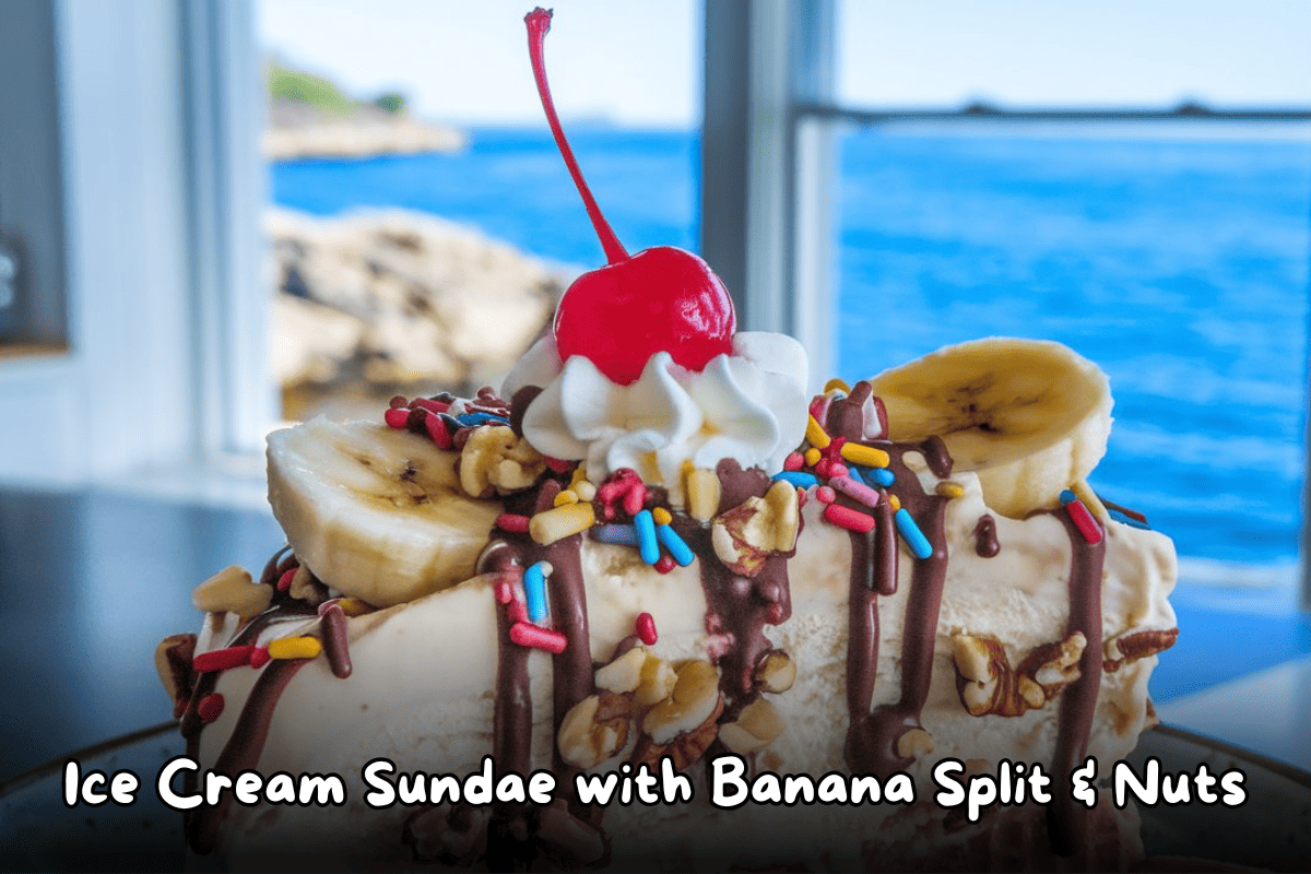 Close-up of an ice cream sundae with banana slices, nuts, chocolate drizzle, whipped cream, sprinkles, and a cherry on top, with a seaside view in the background.