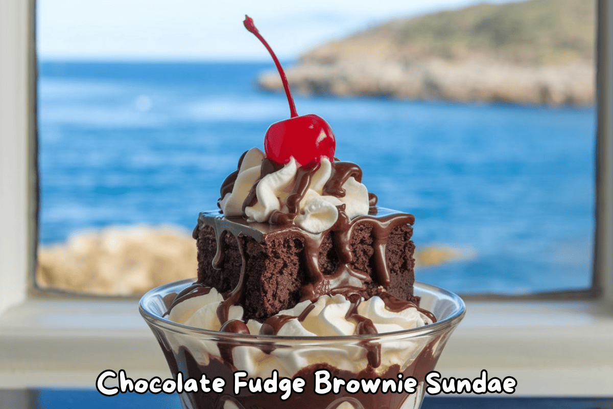 A rich chocolate fudge brownie sundae topped with whipped cream, chocolate drizzle, and a cherry, set against a scenic ocean backdrop.